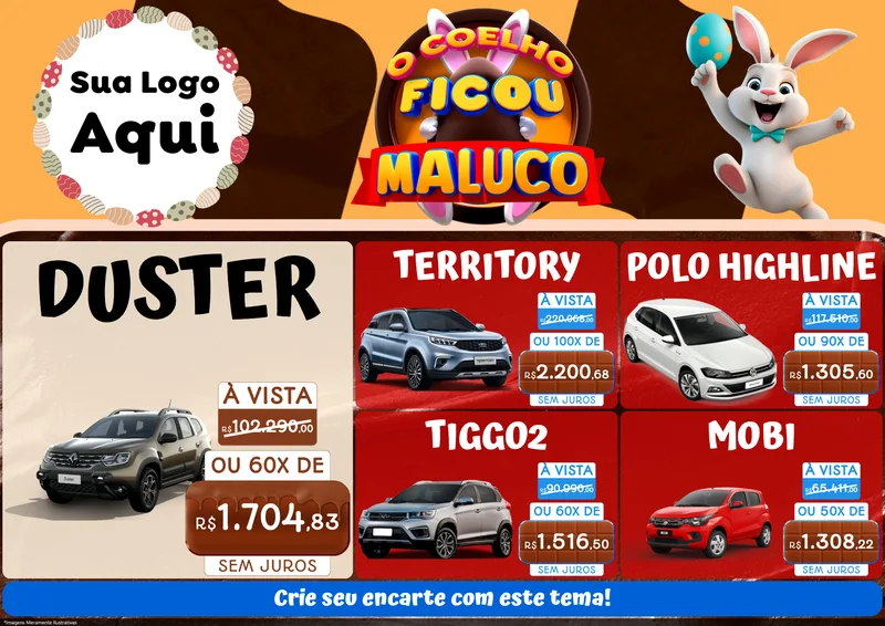 Modelo de Encarte para Encarte A4 Horizontal com o tema O Coelho Ficou Maluco - Páscoa para Concessionaria de Carros