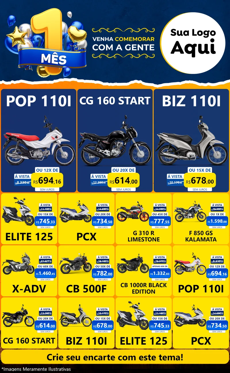 Modelo de Encarte para Encarte Grande com o tema Um Mês de Aniversário para Concessionaria de Motos