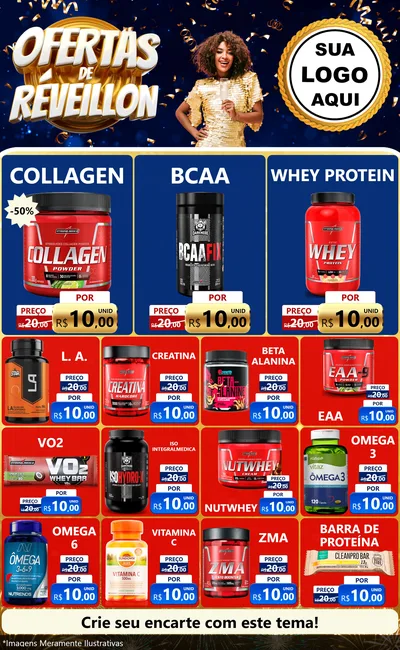 Modelo de Encarte para Encarte Grande com o tema Ofertas de Réveillon para Suplementos alimentares