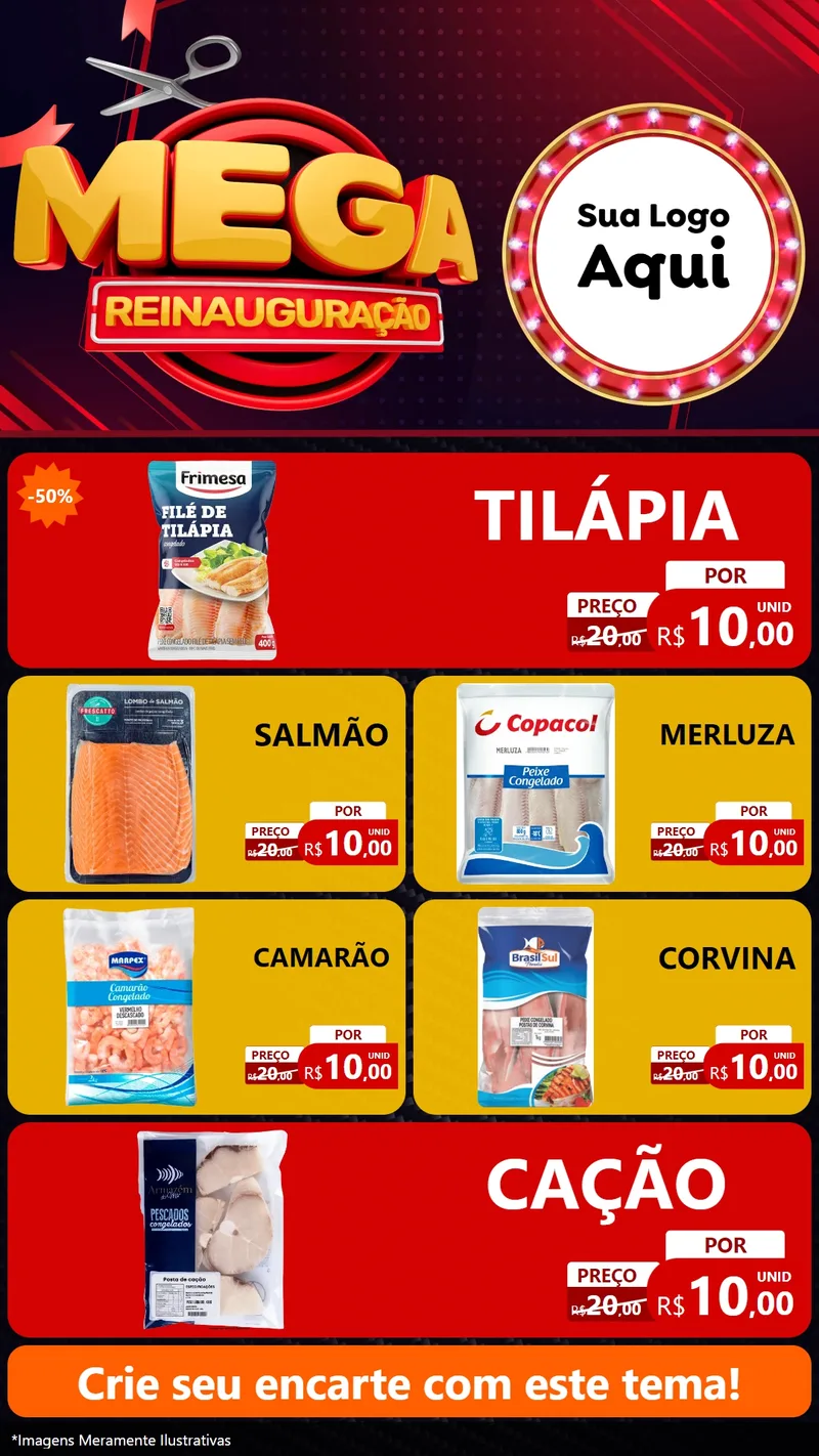 Modelo de TV para TV Vertical com o tema Mega Reinauguração para Peixaria