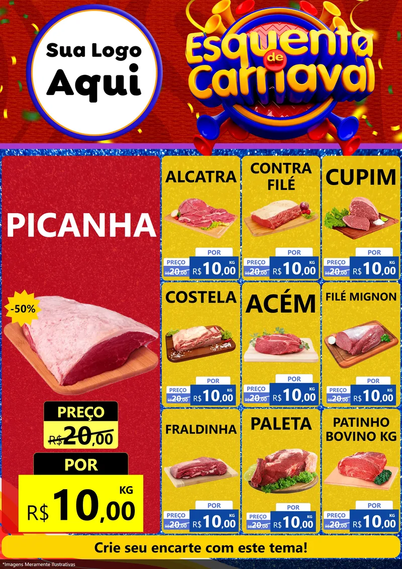Modelo de Encarte para Encarte A4 Vertical com o tema Esquenta de Carnaval para Açougue