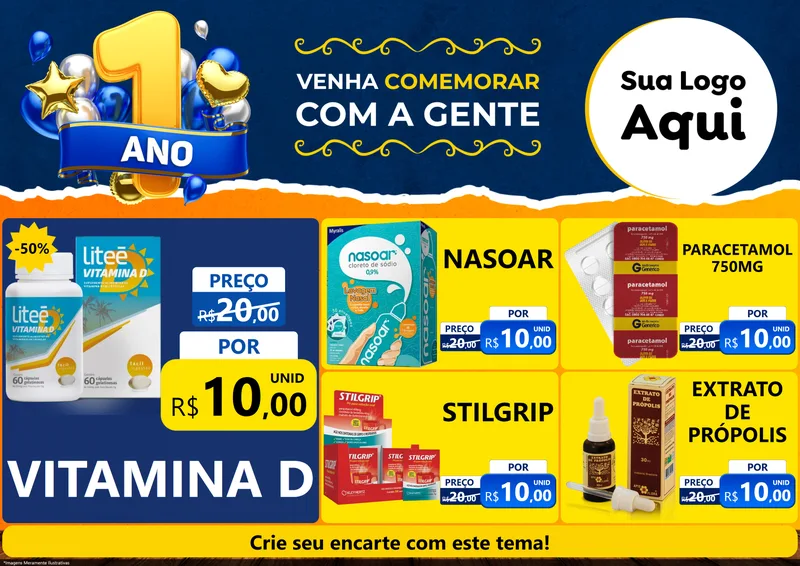 Modelo de Encarte para Encarte A4 Horizontal com o tema Um Ano de Aniversário para Farmácia