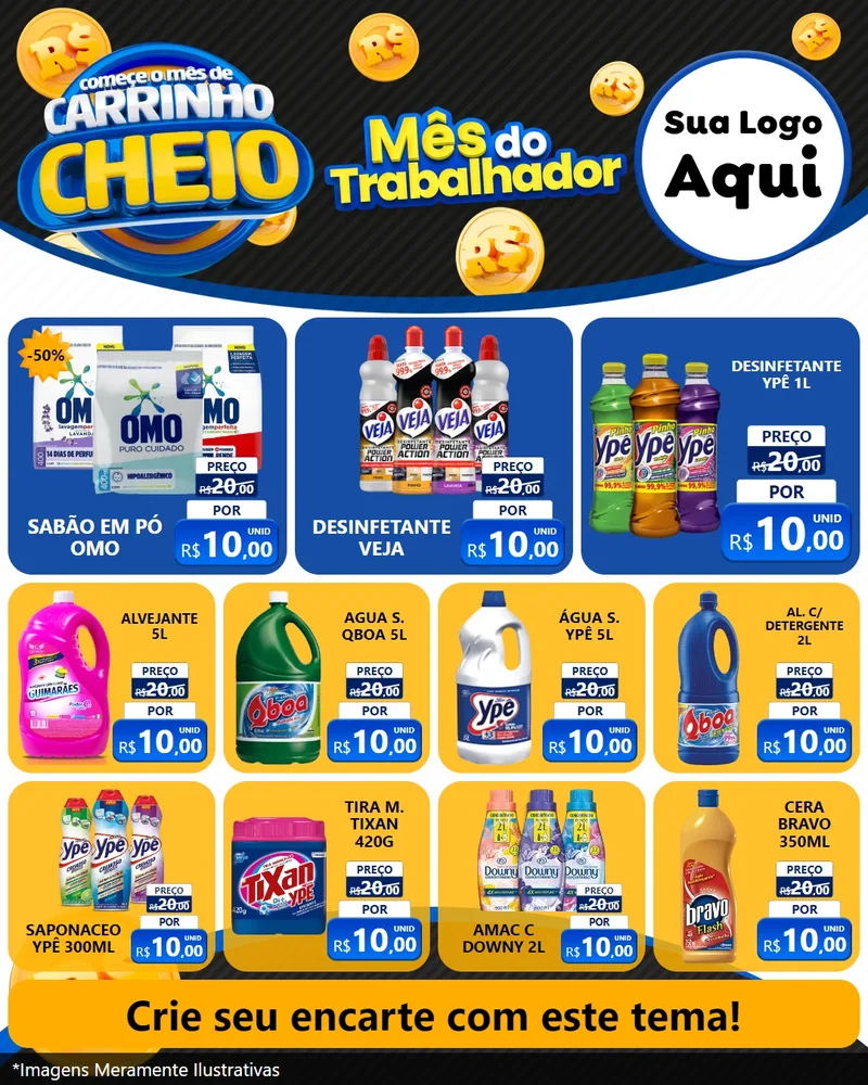 Modelo de Rede Social para Feed Instagram com o tema Comece o Mês de Carrinho Cheio para Produtos de Limpeza