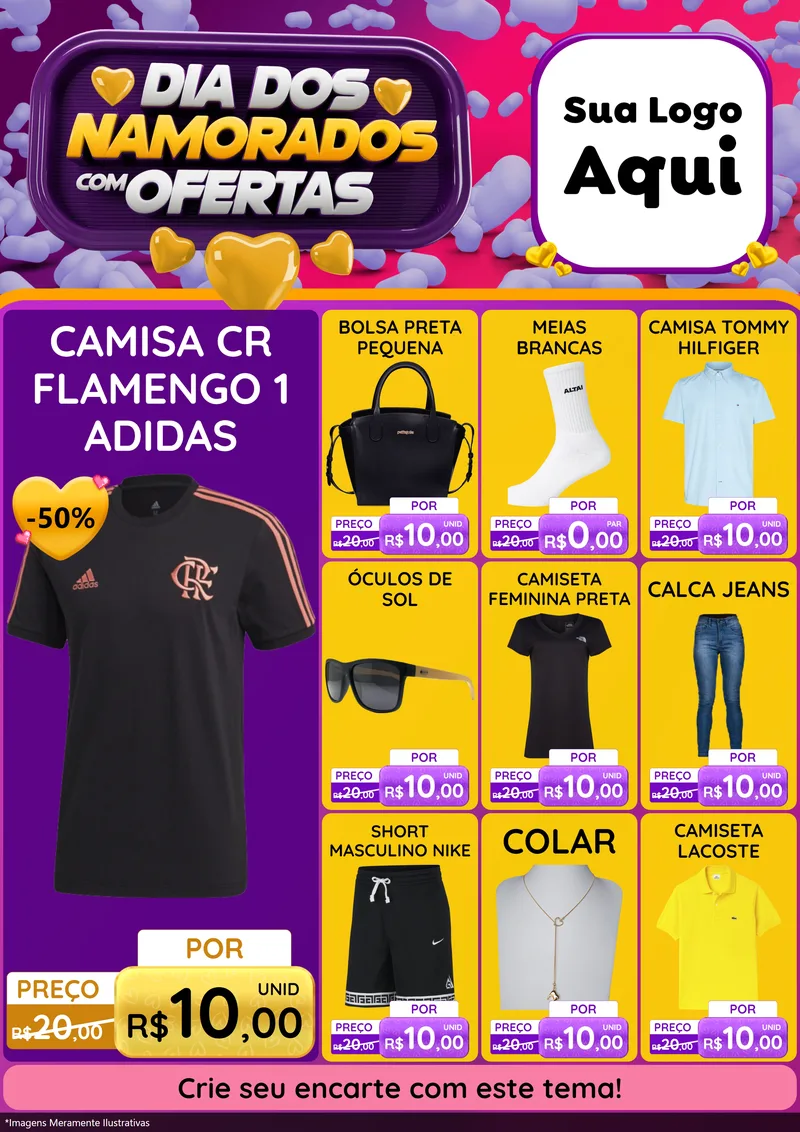 Modelo de Encarte para Encarte A4 Vertical com o tema Dia Dos Namorados Com Ofertas para Roupas e acessórios