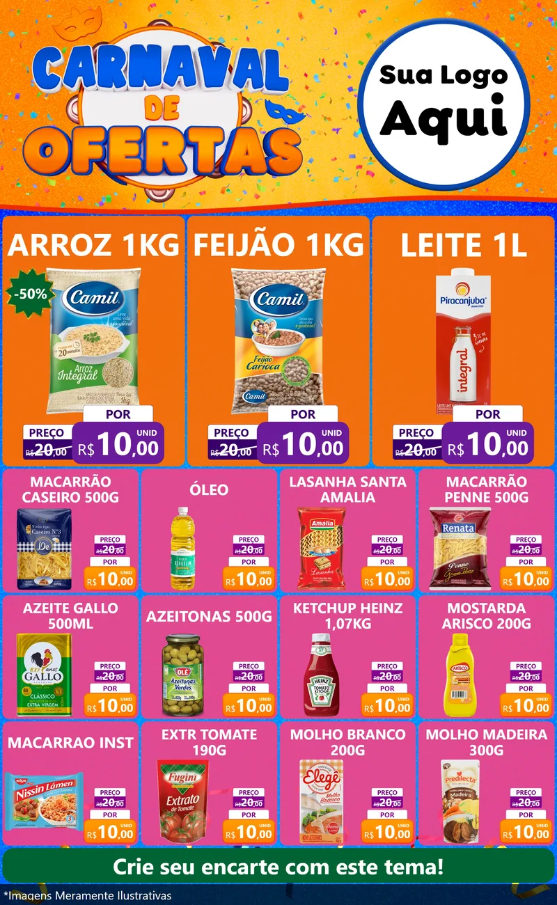 Modelo de Encarte para Encarte Grande com o tema Carnaval de Ofertas para Supermercado