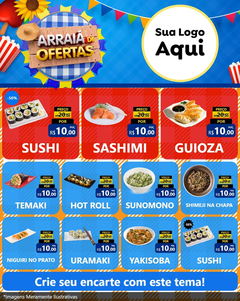 Modelo de Rede Social para Feed Instagram com o tema Arraiá de Ofertas para Comida japonesa