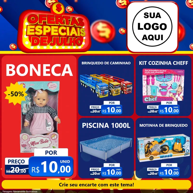 Modelo de Rede Social para Feed Facebook com o tema Ofertas Especiais de Julho para Brinquedos