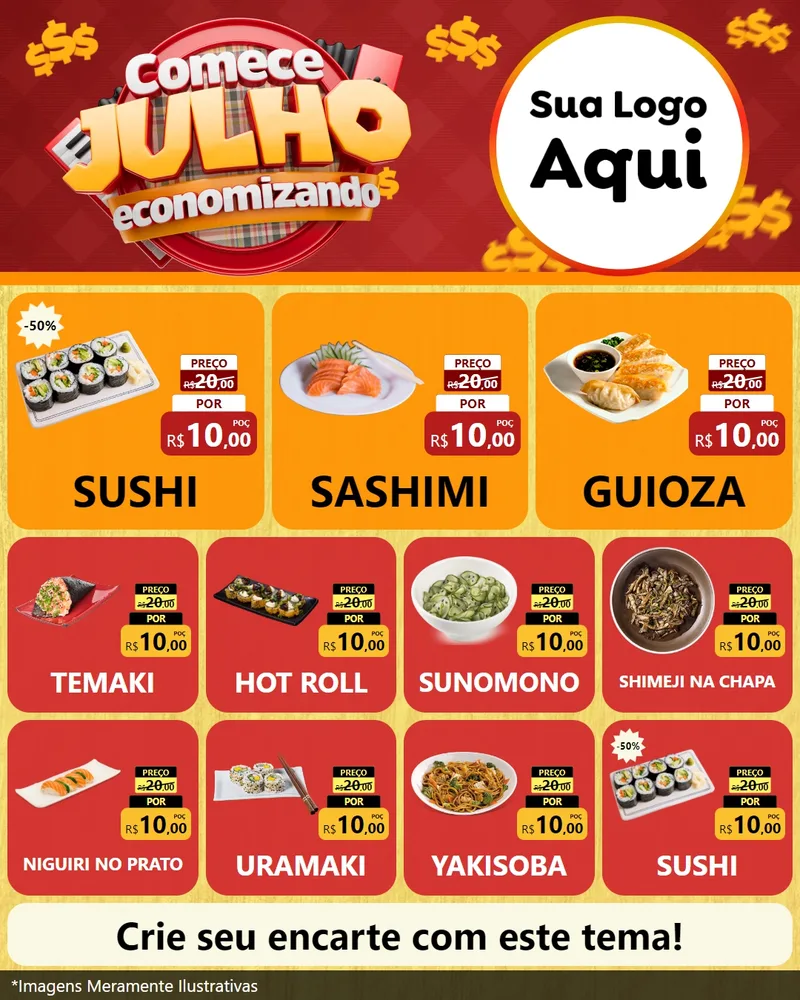 Modelo de Rede Social para Feed Instagram com o tema Comece Julho Economizando para Comida japonesa