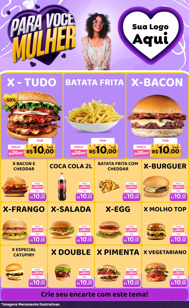 Modelo de Encarte para Encarte Grande com o tema Para Você, Mulher para Hamburgueria