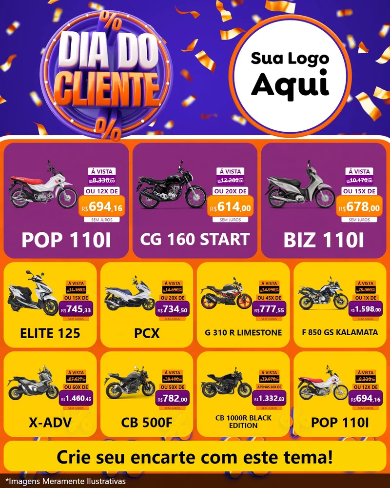 Modelo de Rede Social para Feed Instagram com o tema Dia do Cliente para Concessionaria de Motos