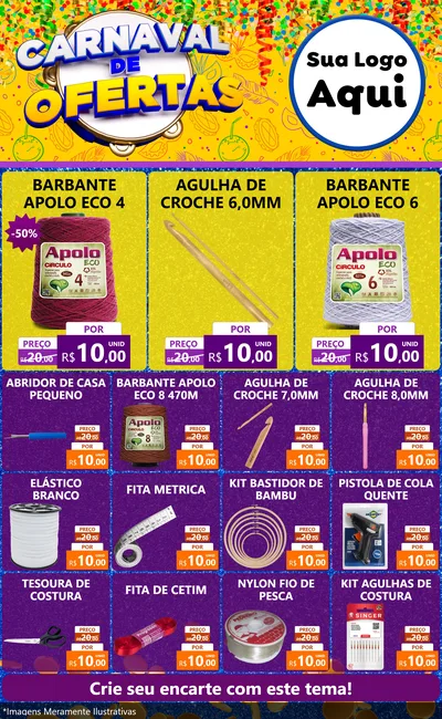Modelo de Encarte para Encarte Grande com o tema Carnaval de Ofertas para Armarinho e Aviamentos