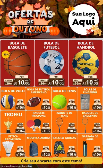 Modelo de Encarte para Encarte Grande com o tema Ofertas de Outono para Artigos Esportivos