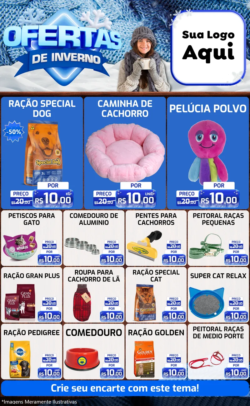 Modelo de Encarte para Encarte Grande com o tema Ofertas de Inverno para Pet Shop