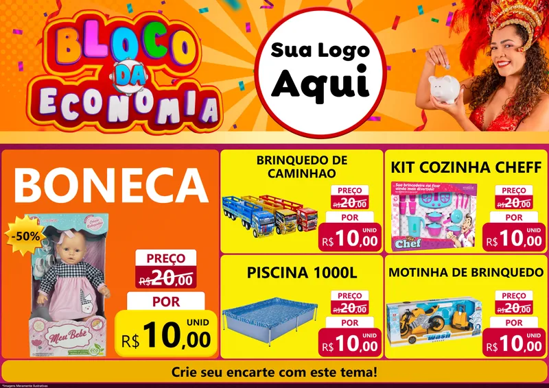 Modelo de Encarte para Encarte A4 Horizontal com o tema Bloco da Economia para Brinquedos