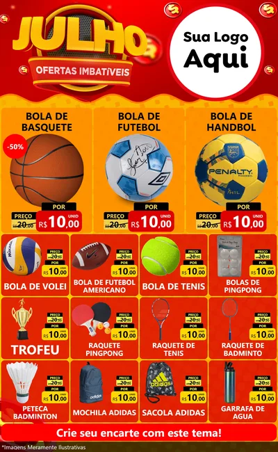 Modelo de Encarte para Encarte Grande com o tema Julho Ofertas Imbatíveis para Artigos Esportivos