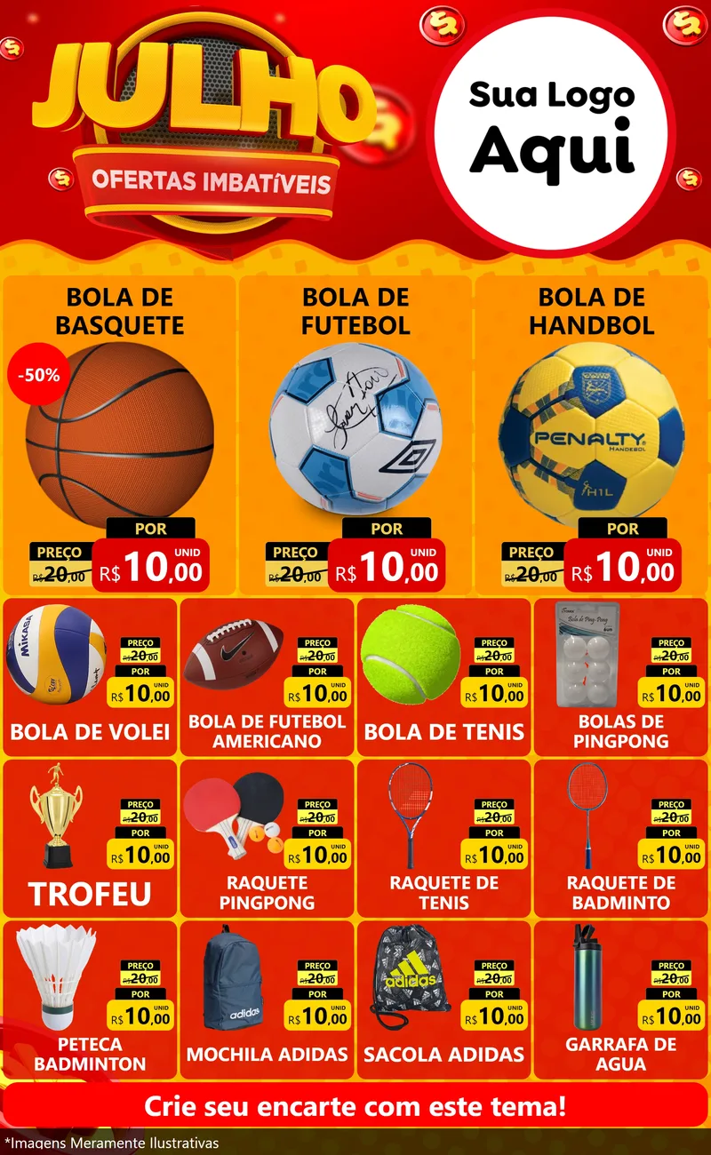 Modelo de Encarte para Encarte Grande com o tema Julho Ofertas Imbatíveis para Artigos Esportivos