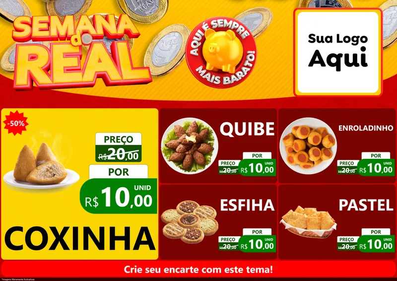 Modelo de Encarte para Encarte A4 Horizontal com o tema Semana do Real para Salgadaria