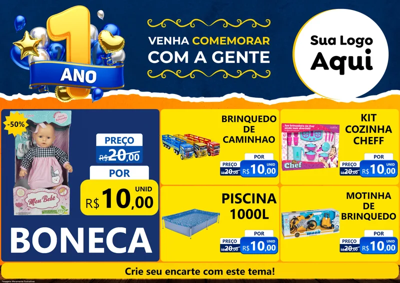 Modelo de Encarte para Encarte A4 Horizontal com o tema Um Ano de Aniversário para Brinquedos