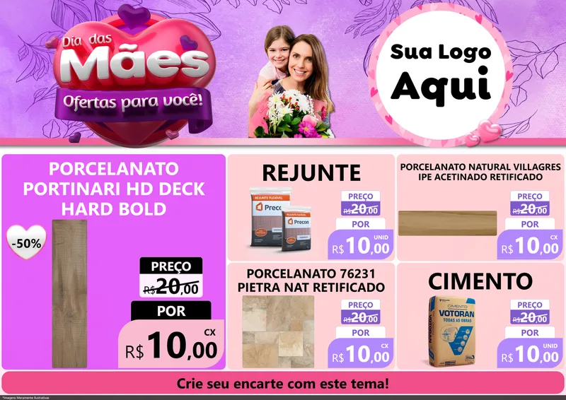 Modelo de Encarte para Encarte A4 Horizontal com o tema Dia das Mães Ofertas para Você! para Pisos e revestimentos