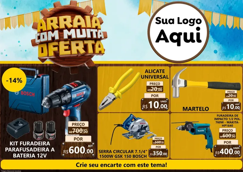 Modelo de Encarte para Encarte A4 Horizontal com o tema Ofertas de São João - Junina para Maquinas e Ferramentas