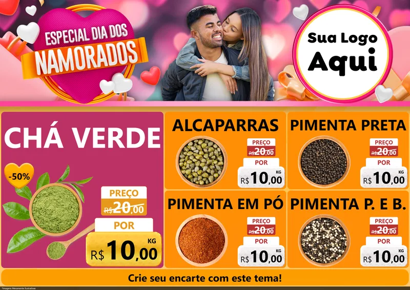 Modelo de Encarte para Encarte A4 Horizontal com o tema Especial Dia dos Namorados para Produtos Naturais
