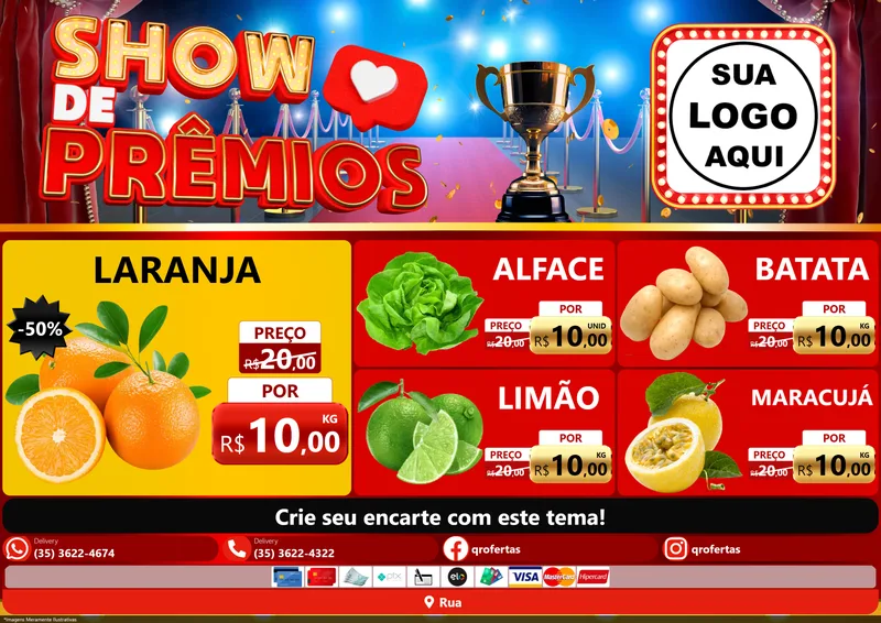 Modelo de Encarte para Encarte A4 Horizontal com o tema Show de Prêmios para Hortifrúti