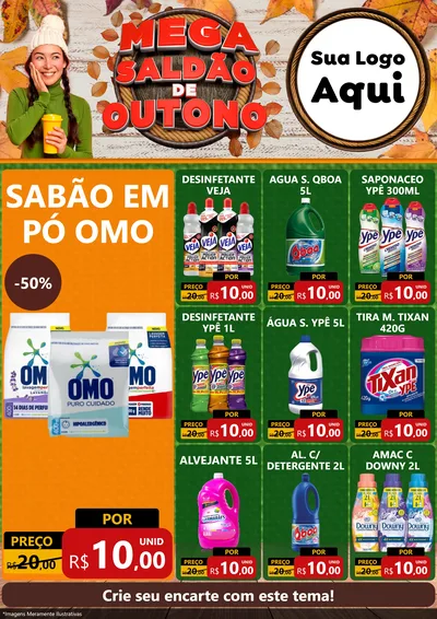 Modelo de Encarte para Encarte A4 Vertical com o tema Mega Saldão de Outono para Produtos de Limpeza