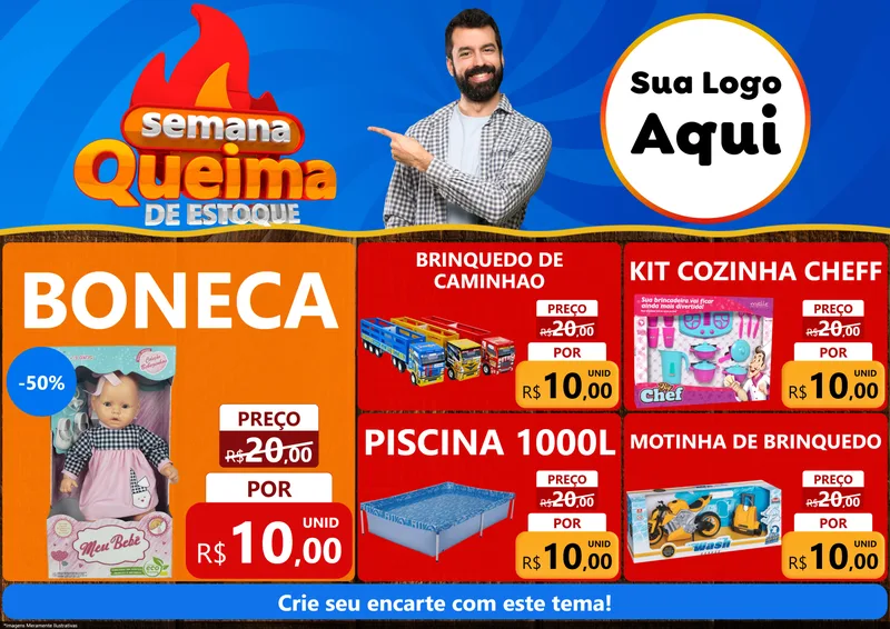 Modelo de Encarte para Encarte A4 Horizontal com o tema Semana Queima de Estoque para Brinquedos