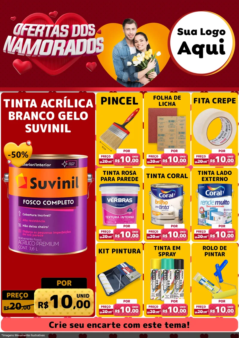 Modelo de Encarte para Encarte A4 Vertical com o tema Ofertas Dos Namorados para Tintas e Ferramentas