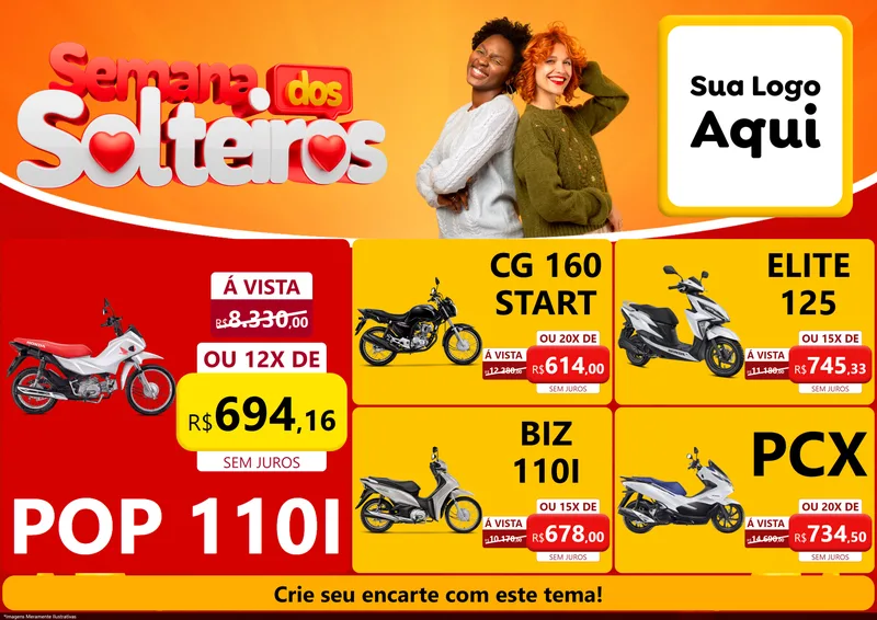 Modelo de Encarte para Encarte A4 Horizontal com o tema Semana dos Solteiros para Concessionaria de Motos