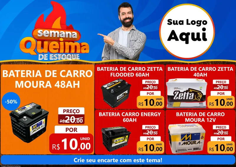 Modelo de Encarte para Encarte A4 Horizontal com o tema Semana Queima de Estoque para Baterias Elétricas