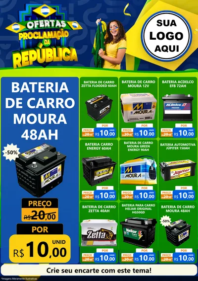 Modelo de Encarte para Encarte A4 Vertical com o tema Ofertas Proclamação da República para Baterias Elétricas
