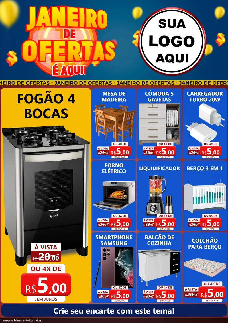 Modelo de Encarte para Encarte A4 Vertical com o tema Janeiro de Ofertas É Aqui! para Móveis e Eletro