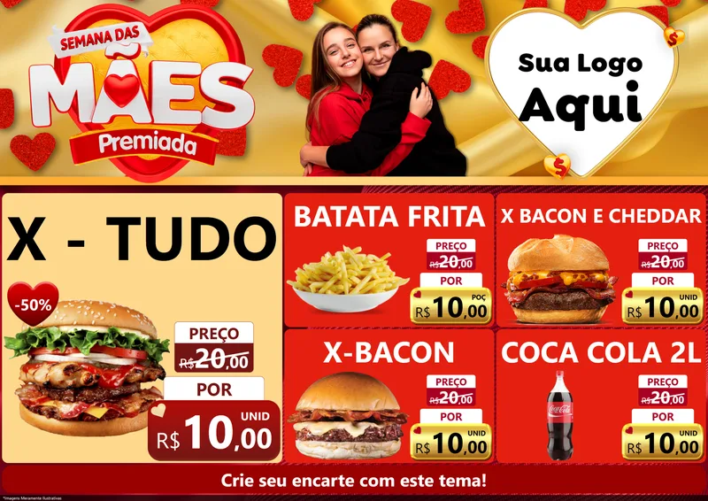 Modelo de Encarte para Encarte A4 Horizontal com o tema Semana das Mães Premiada para Hamburgueria