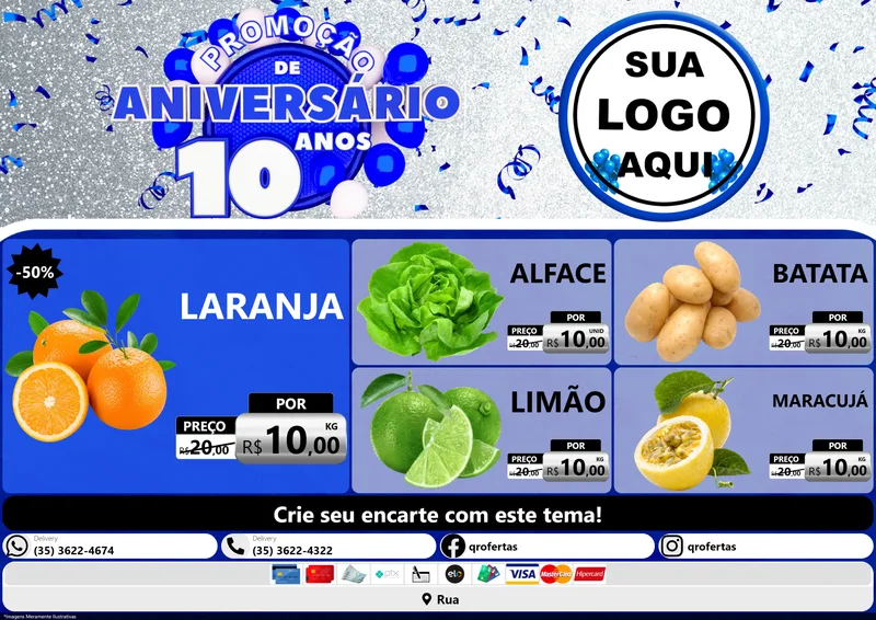 Modelo de Encarte para Encarte A4 Horizontal com o tema Promoção de Aniversário - 10 Anos para Hortifrúti