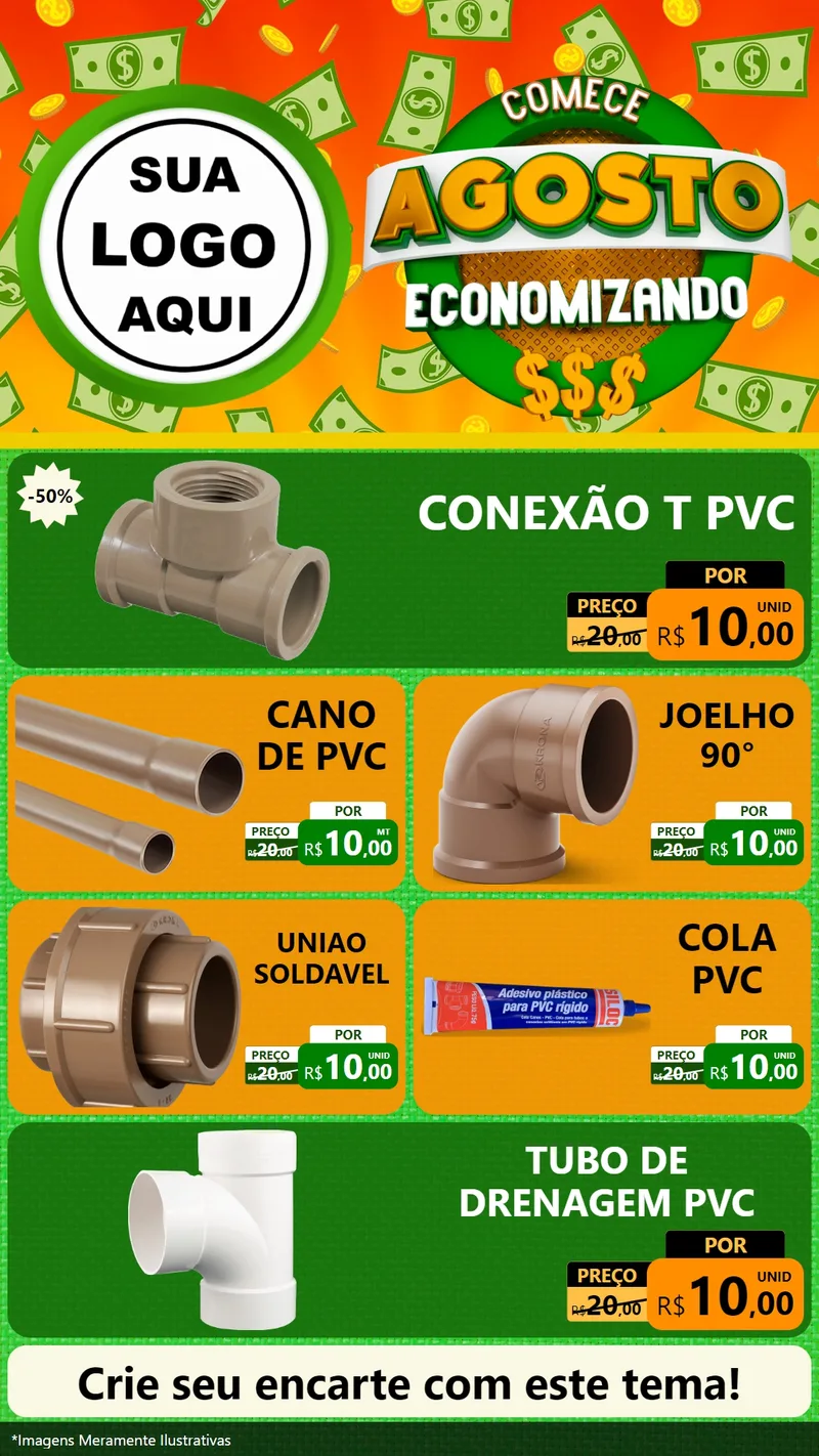 Modelo de TV para TV Vertical com o tema Comece Agosto Economizando para Tubos e conexões