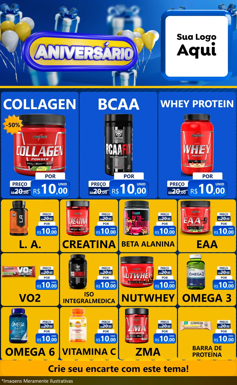 Modelo de Encarte para Encarte Grande com o tema Aniversário para Suplementos alimentares