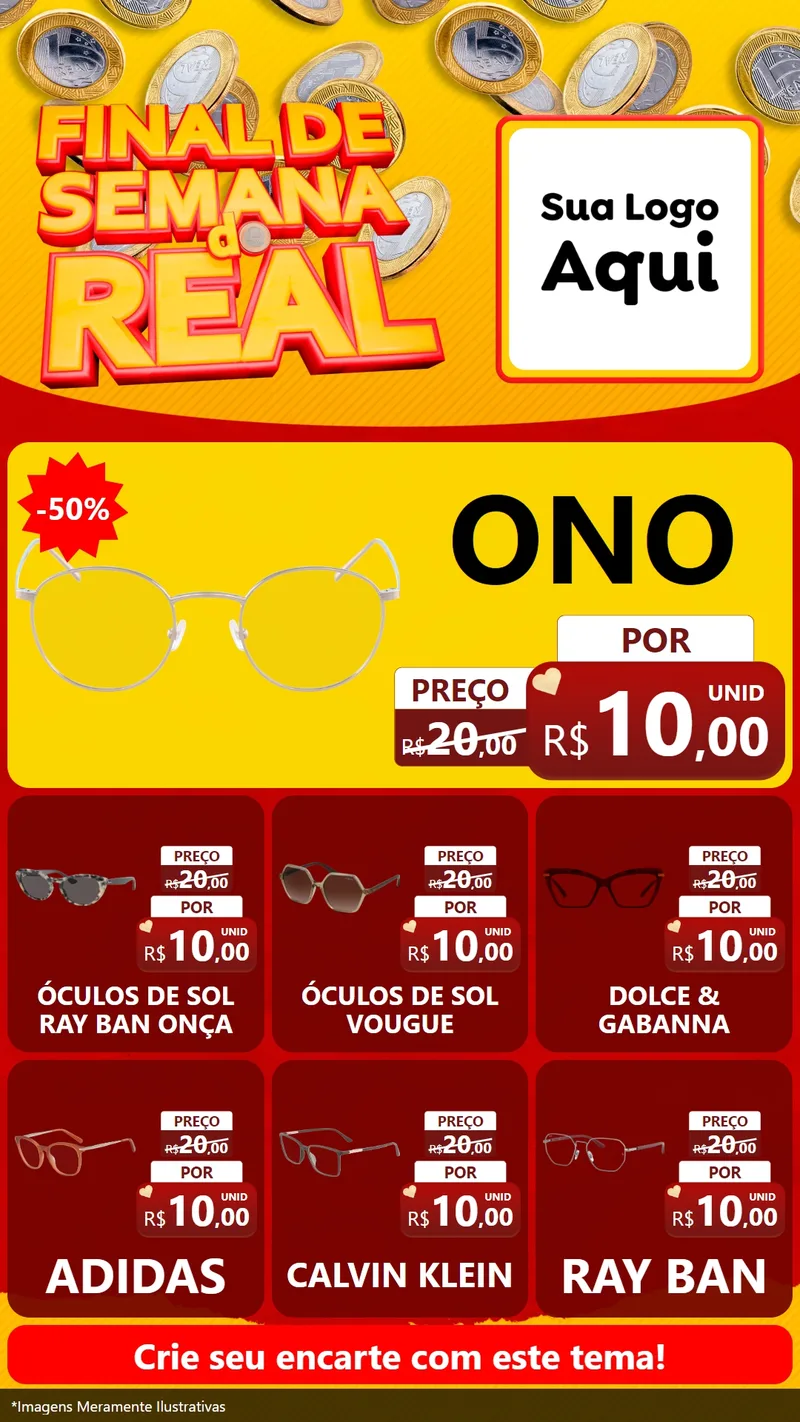 Modelo de Rede Social para Stories com o tema Final de Semana do Real para Óticas