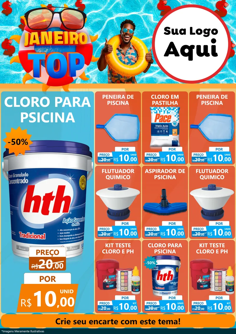 Modelo de Encarte para Encarte A4 Vertical com o tema Janeiro Top para Produtos para Piscina