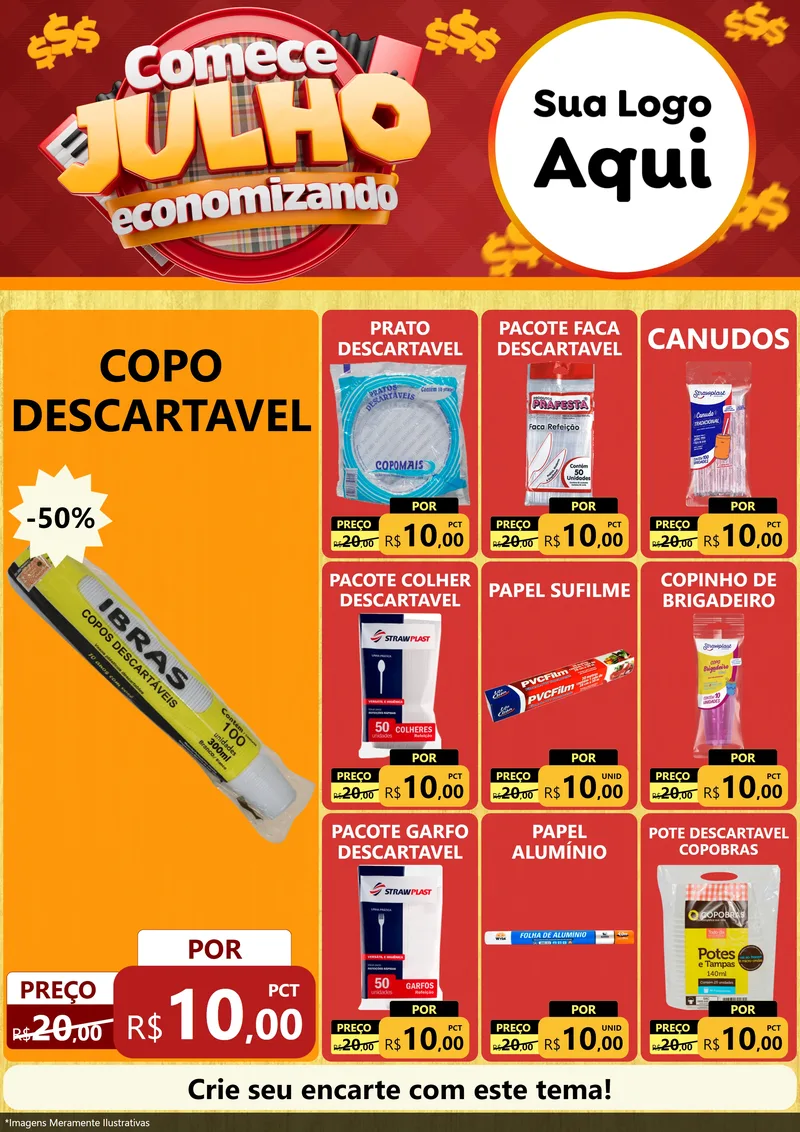 Modelo de Encarte para Encarte A4 Vertical com o tema Comece Julho Economizando para Embalagens