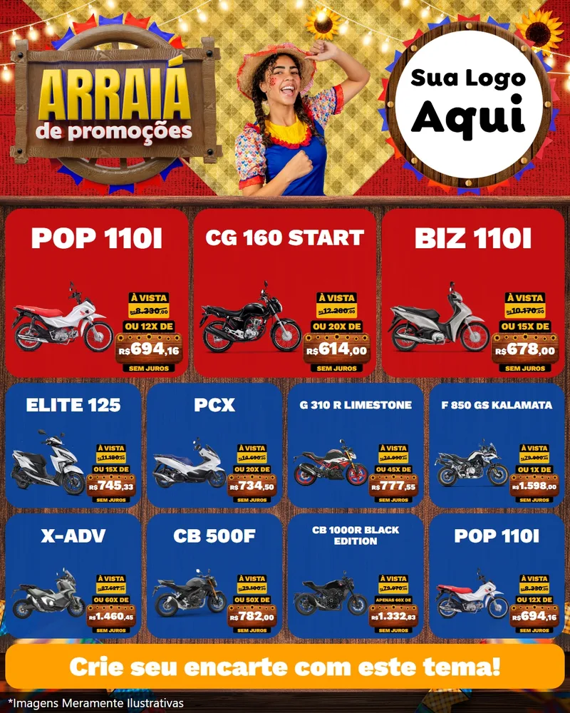 Modelo de Rede Social para Feed Instagram com o tema Arraiá de Promoções para Concessionaria de Motos