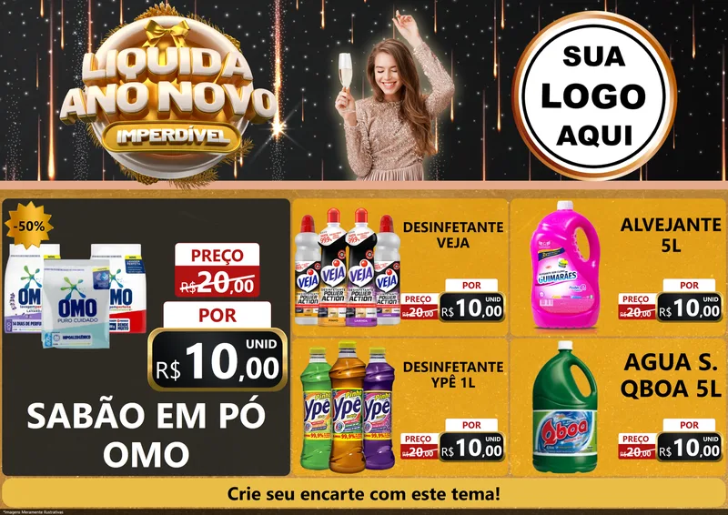 Modelo de Encarte para Encarte A4 Horizontal com o tema Liquida Ano Novo Imperdível para Produtos de Limpeza