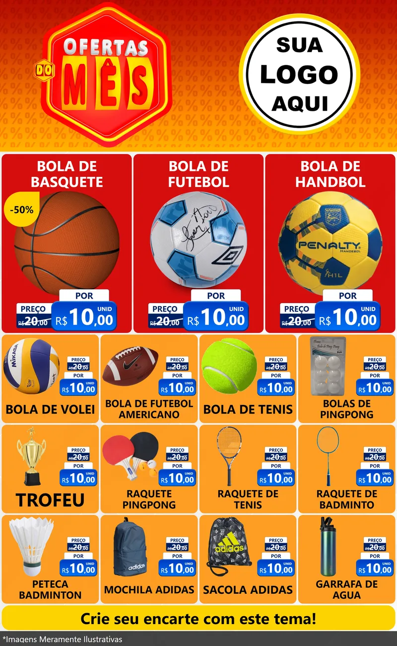 Modelo de Encarte para Encarte Grande com o tema Ofertas do Mês para Artigos Esportivos