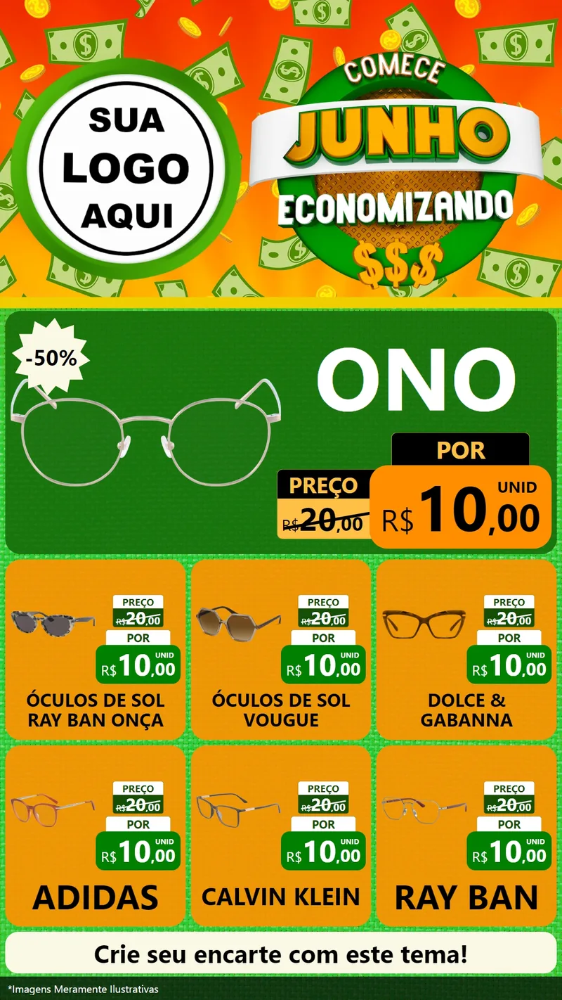 Modelo de Rede Social para Stories com o tema Comece Junho Economizando para Óticas