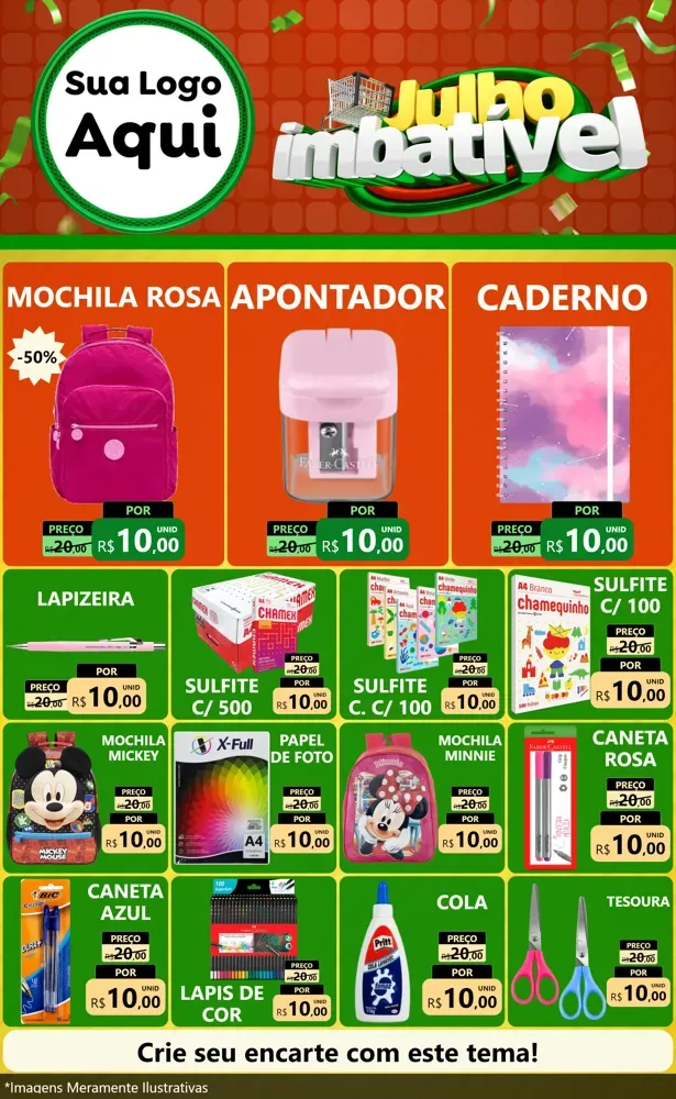 Modelo de Encarte para Encarte Grande com o tema Julho Imbatível para Papelaria