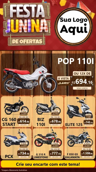 Modelo de Rede Social para Stories com o tema Festa Junina de Ofertas para Concessionaria de Motos