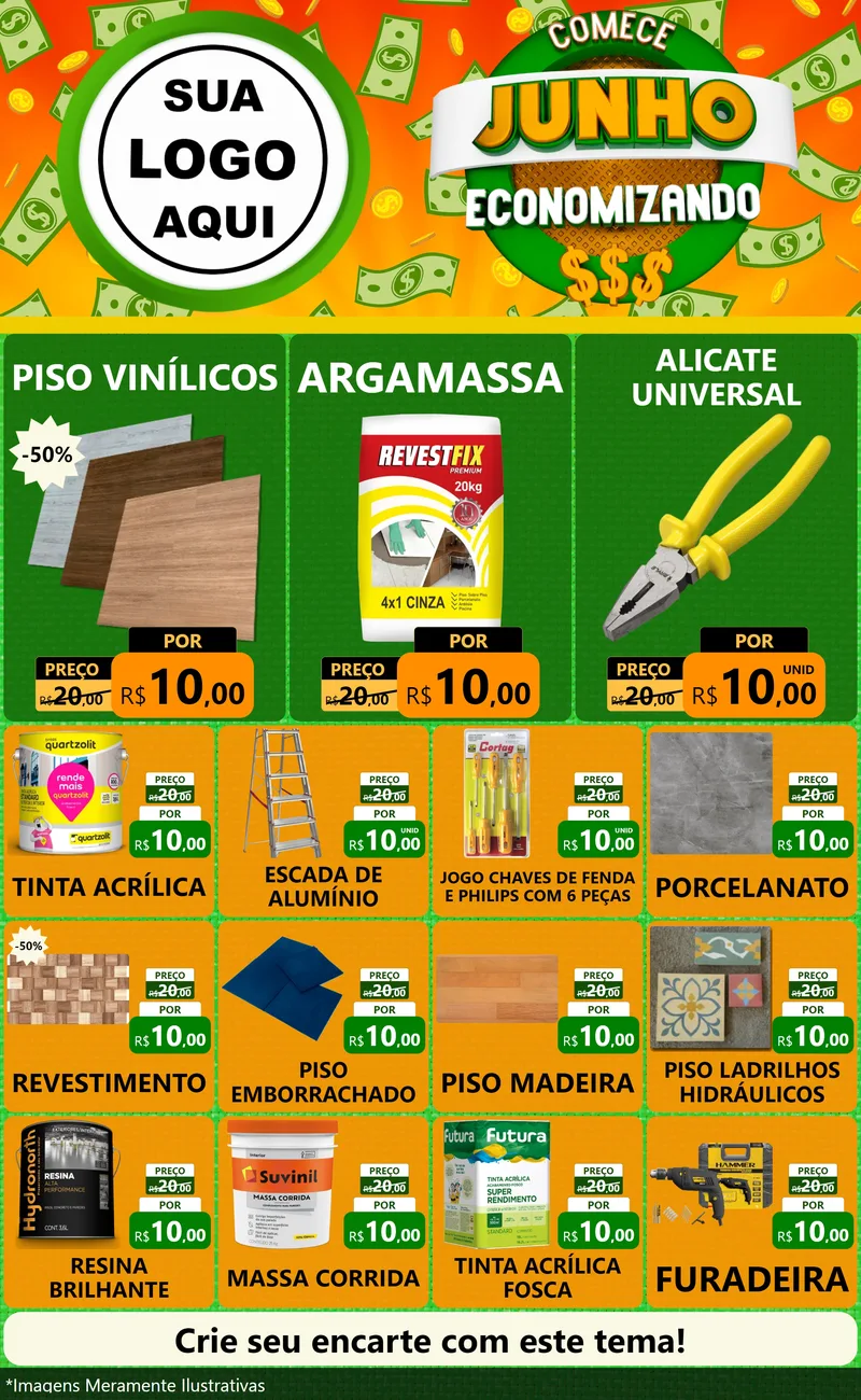 Modelo de Encarte para Encarte Grande com o tema Comece Junho Economizando para Material para Construção