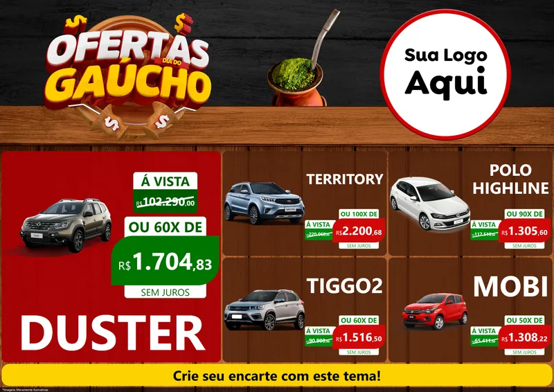 Modelo de Encarte para Encarte A4 Horizontal com o tema Ofertas Dia do Gaúcho para Concessionaria de Carros