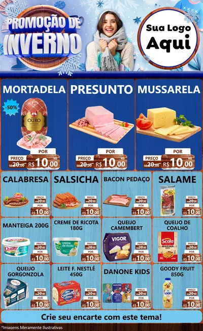 Modelo de Encarte para Encarte Grande com o tema Promoção de Inverno para Frios e Laticínios