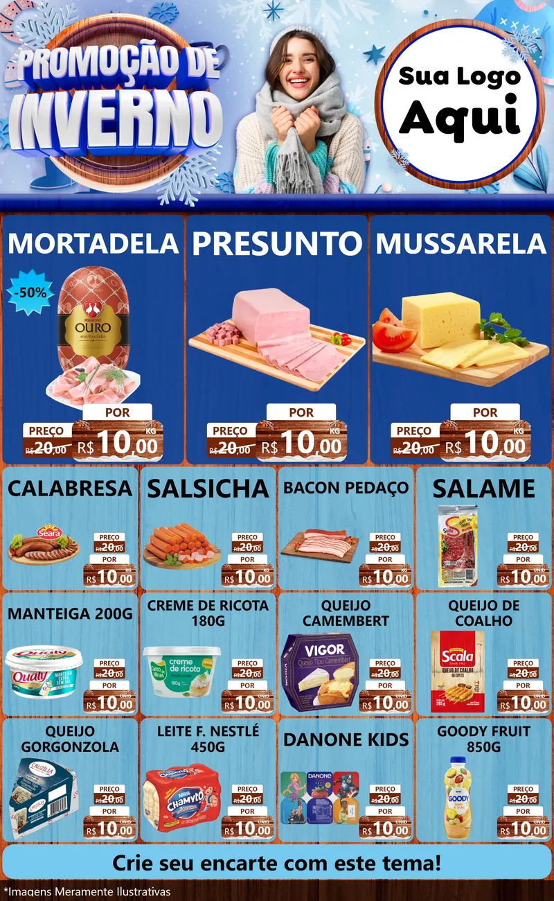 Modelo de Encarte para Encarte Grande com o tema Promoção de Inverno para Frios e Laticínios